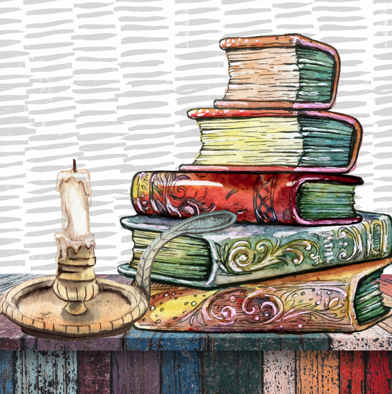 Watercolor of Stacked Book by Linnaea Mallette, CC0